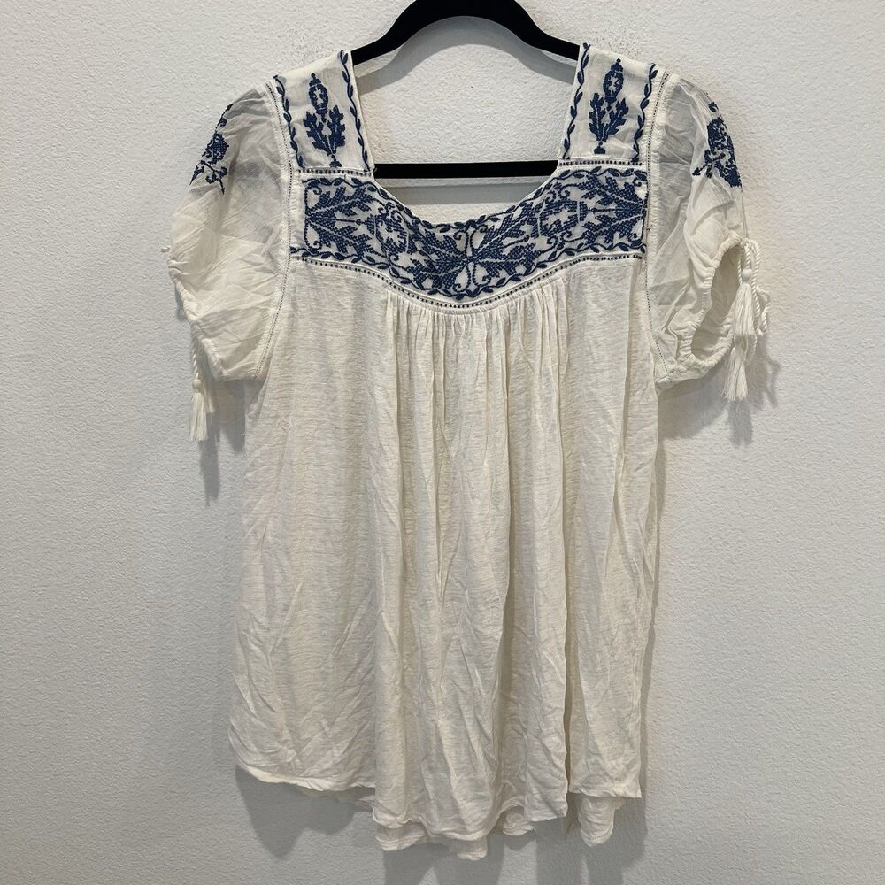 Lucky Brand Women’s Floral Short  Tie Sleeve Peasant Top Linen Blend 1X Boho